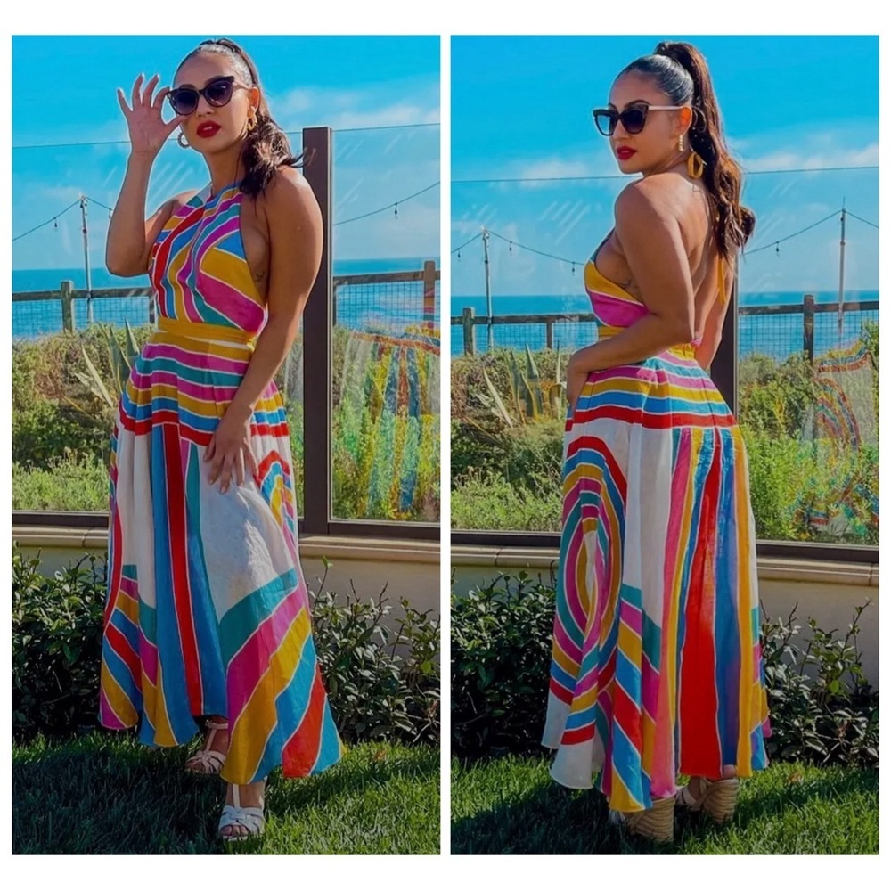 Zimmermann Fiesta Rainbow Striped Linen Halter Neck Midi Dress size 2 | US 10 - Picture 16 of 16